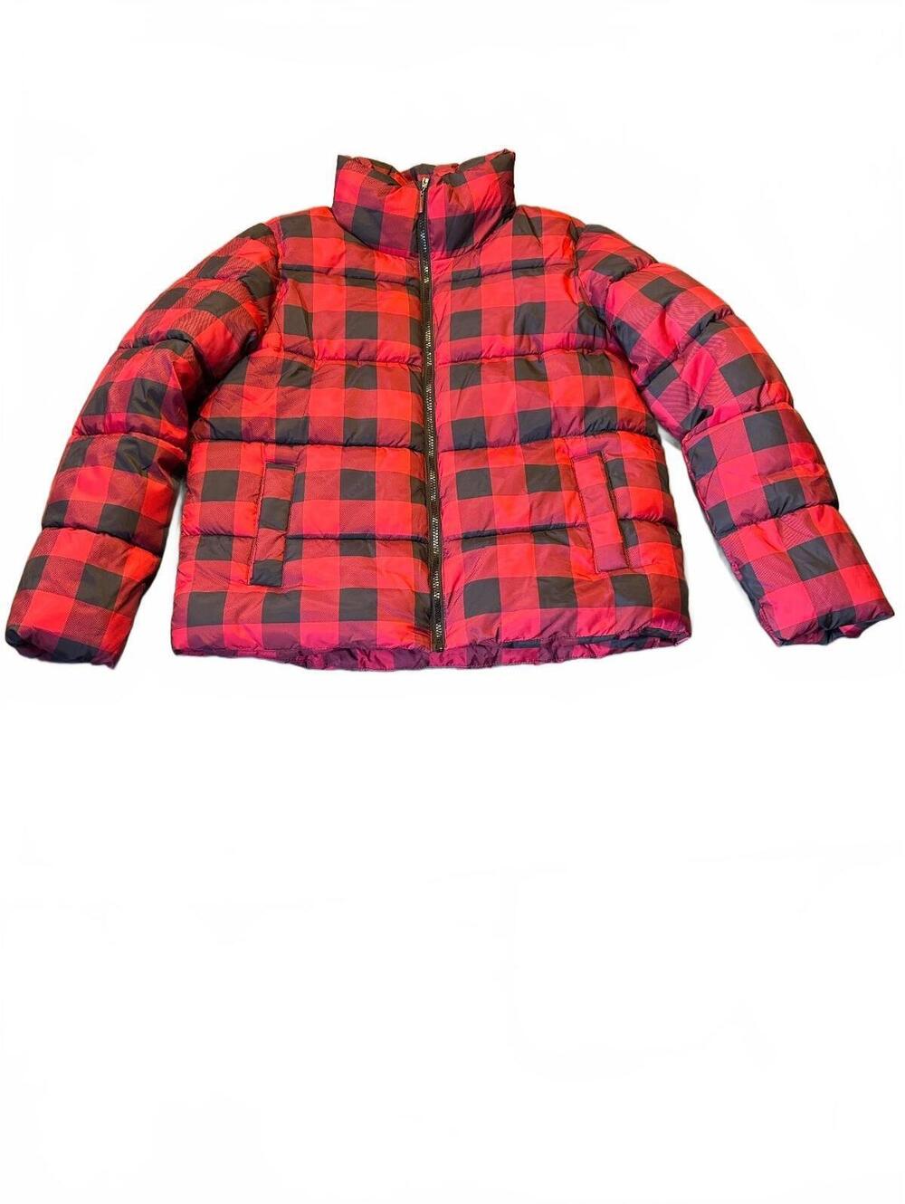Red and black buffalo plaid puffer jacket